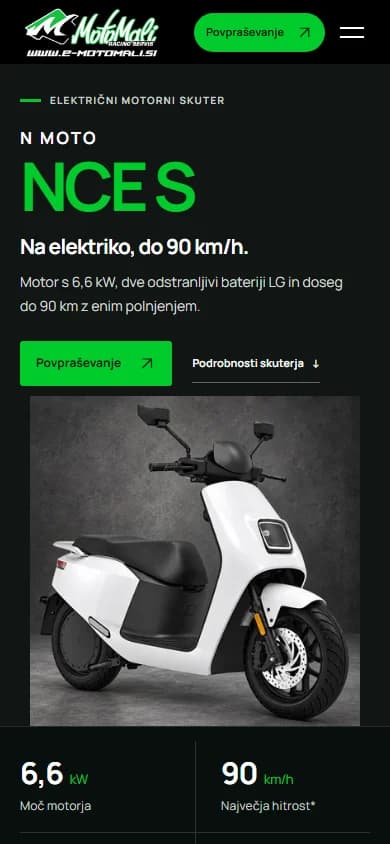 Predstavitev skuterja N MOTO NCE S s fotografijo, tehničnimi poudarki in povezavo do povpraševanja.